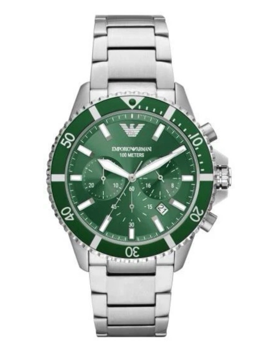 Emporio Armani Stainless Steel Chronograph Watch with Green Dial and Bezel Mens